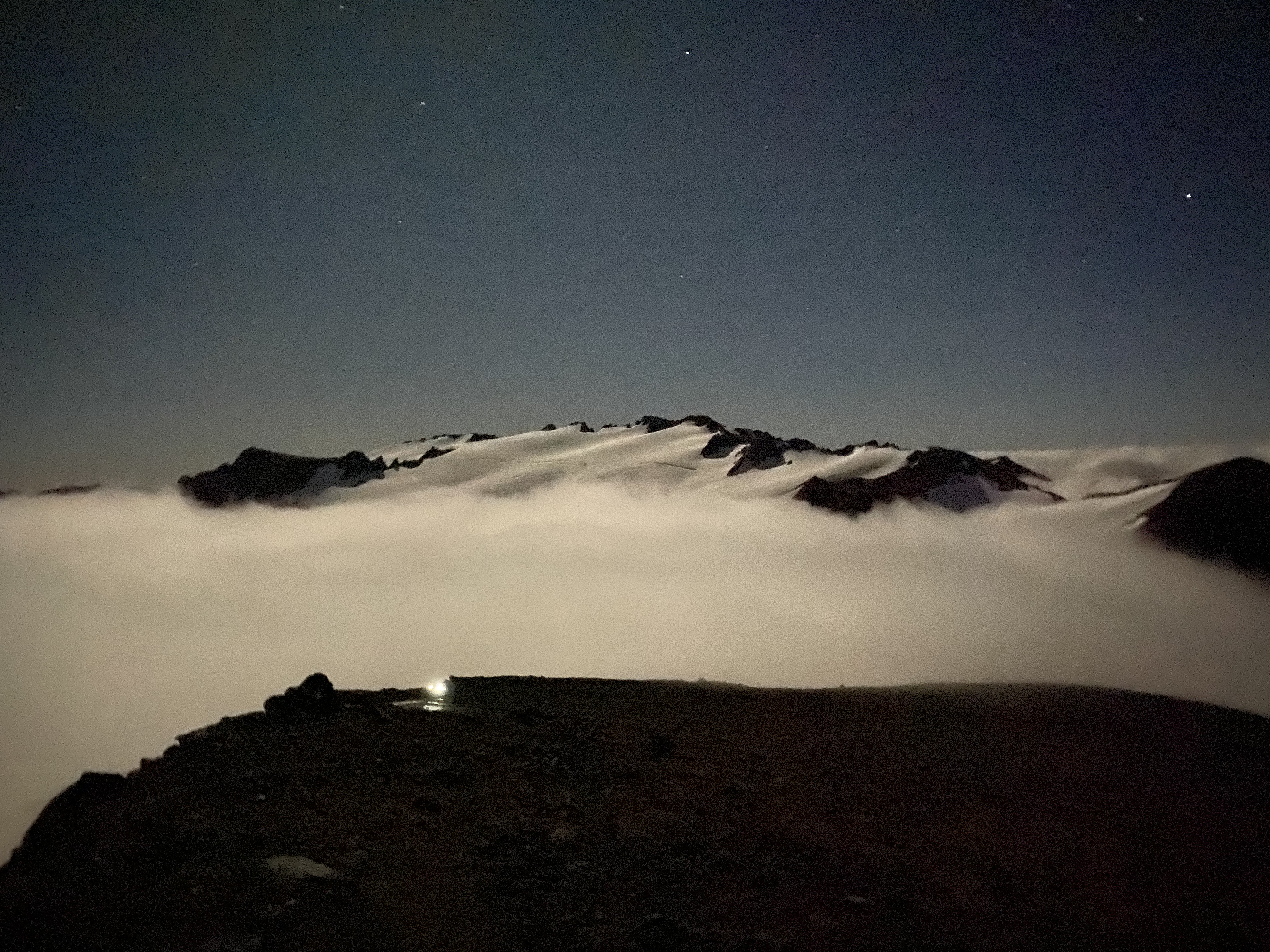 Glacier Gap Camp covered in a cloud.