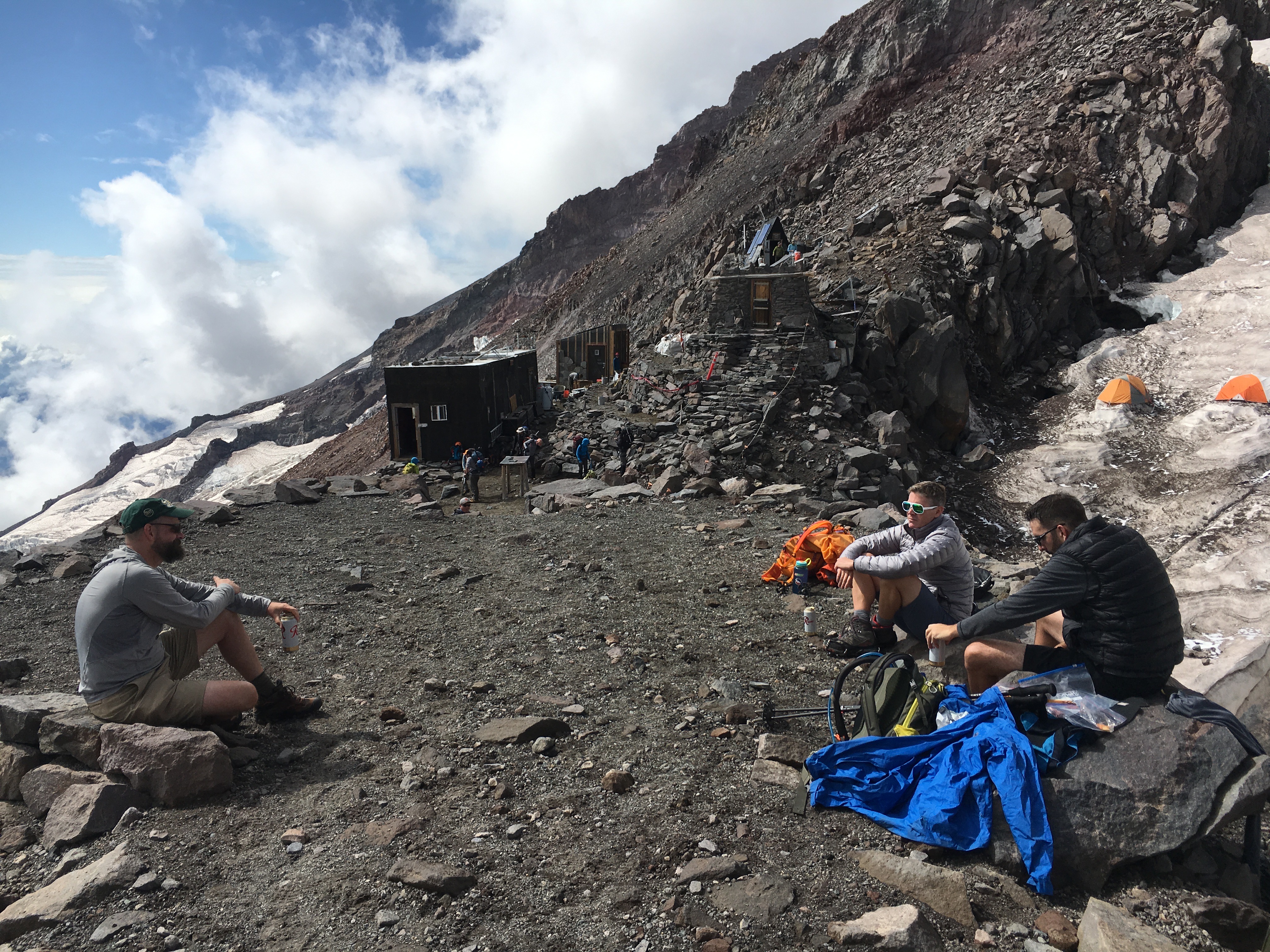 Climbers enjoying a Rainier Beer at Camp Muir.