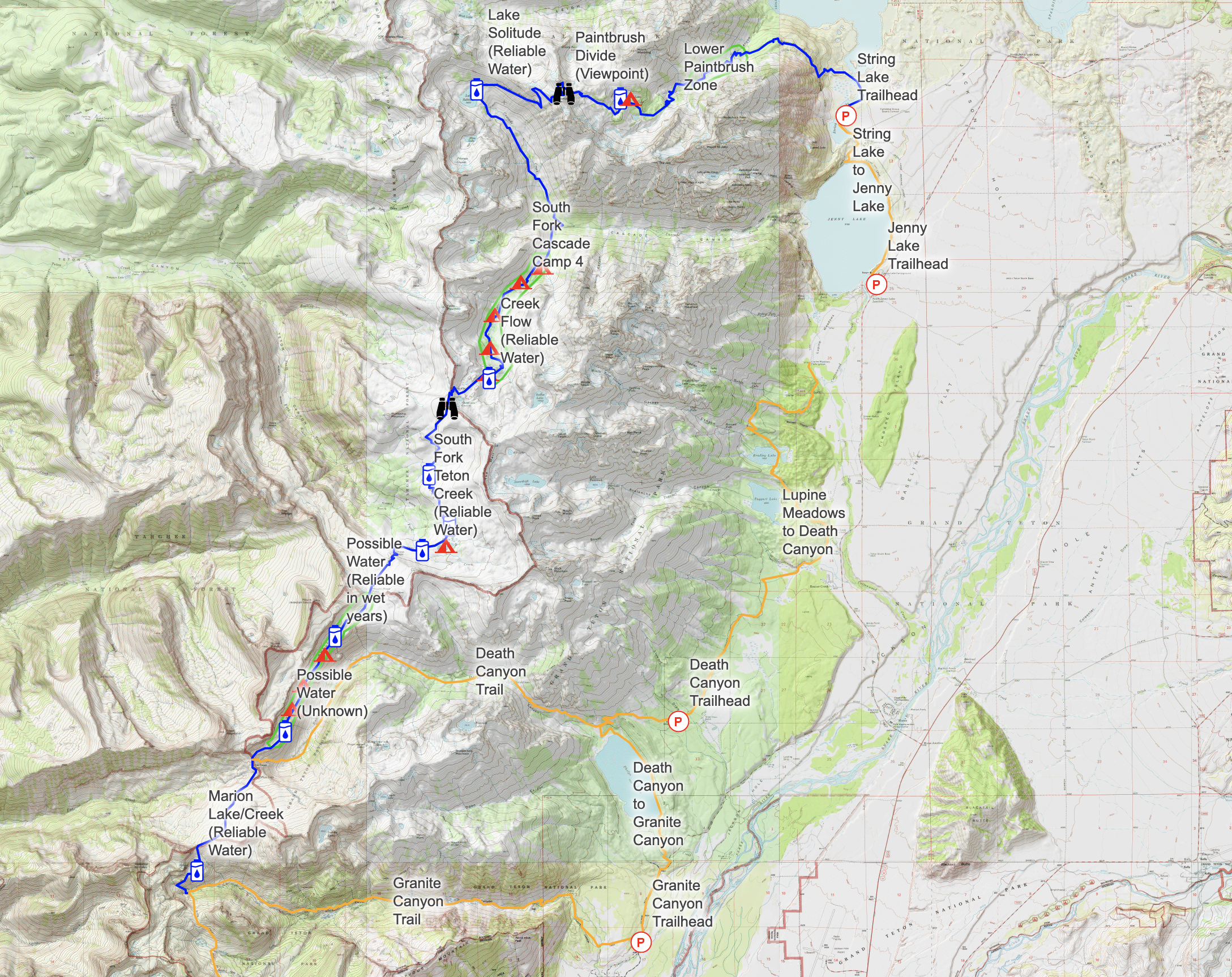 CalTopo map outlining water sources and potential campsites.